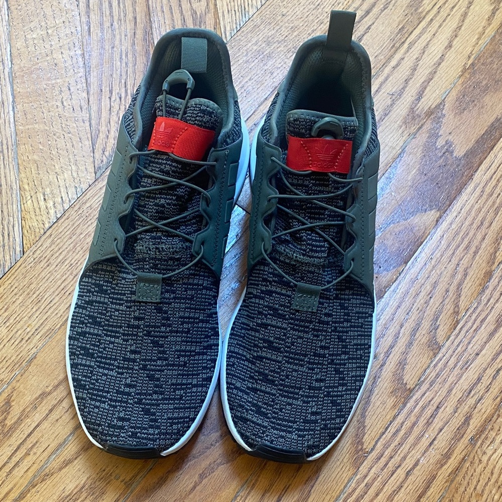 adidas Men's Olive Green Knit Sneakers with Red Tongue Tab